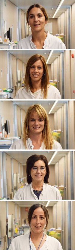 De dalt a baix, Elisenda Llagostera, Maria Garriga, Laura Arenas, Mayte Bassas i Sandra Criach, infermeres referents a l'Hospital Universitari de Vic